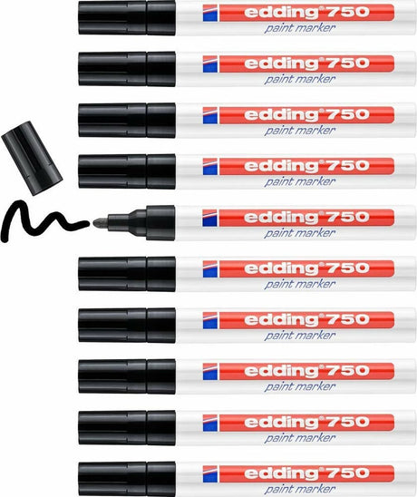 Marqueur peinture Edding 750 - noir - pointe ronde 2-4 mm - boîte de 10 pièces - stylo peinture pour marquer et étiqueter le métal, le verre, la pierre ou le plastique - résistant à la chaleur, permanent, anti-taches et imperméable