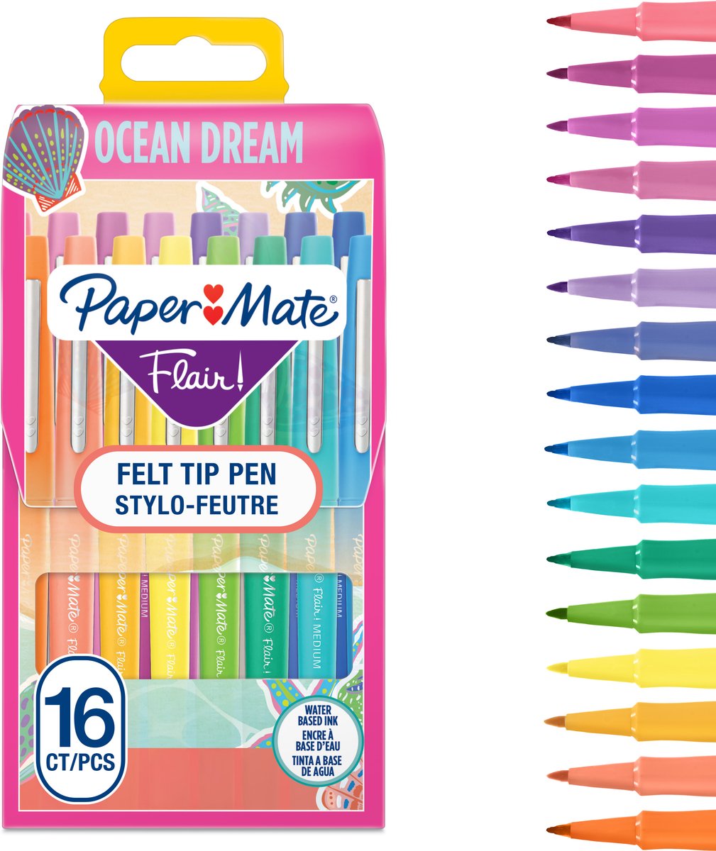 Feutres Paper Mate Flair | marqueurs à pointe moyenne (0,7 mm) | marqueurs de couleur de rêve océan assortis | pour les enfants adultes à colorier, écrivez plus | 16 chefs d'accusation