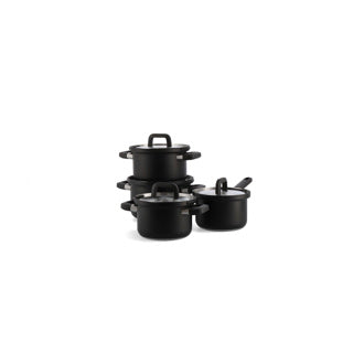 Bk flow cool black set de poêles 4 pièces - 16 18 20 cm - sans revêtement antiadhésif sans PFA - set de poêles à induction - poêle de cuisson en acier inoxydable - passe au four jusqu'à 160°c - avec couvercle - argent