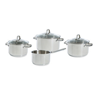 Bk essentials set de poêles 4 pièces - 16 18 20 cm - sans revêtement antiadhésif sans PFA - set de poêles à induction - poêle à induction - set de casseroles en acier inoxydable - passe au four jusqu'à 230°c - avec couvercle en verre - argent