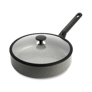 Poêle céramique céramique granite Bk 28 cm – 4,2 l – poêle à induction – avec couvercle – passe au four jusqu'à 160 degrés – poignée froide – sans PFAS – gris