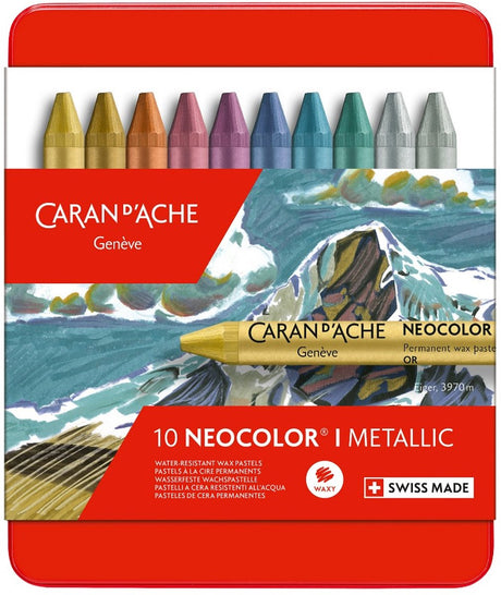 Caran d'ache neocolor i - pastels de cire métallisés en boîte métal - 10 couleurs
