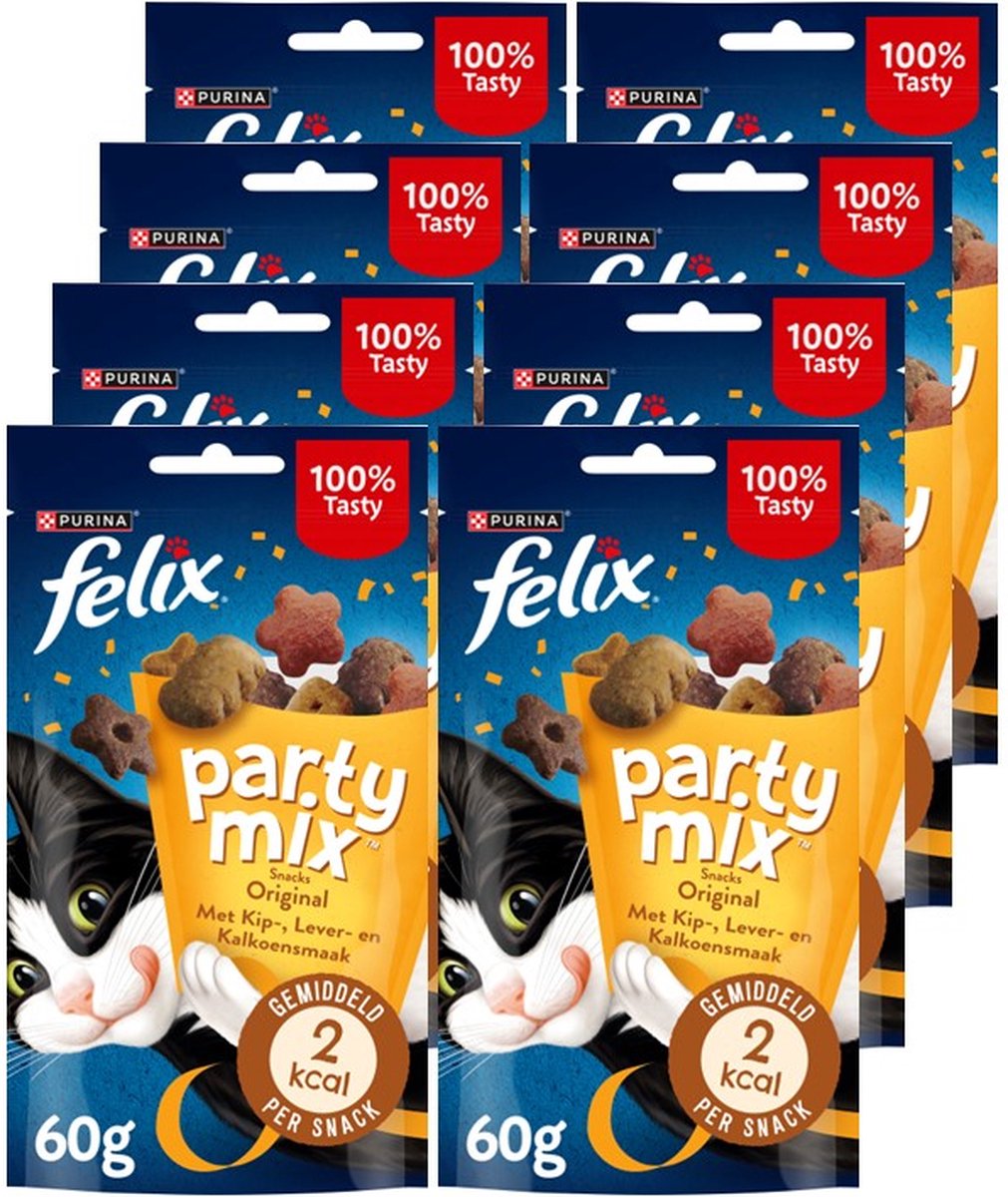 Felix party mix original - snacks pour chats - friandises pour chats - foie de poulet et de dinde - 8 x 60 g