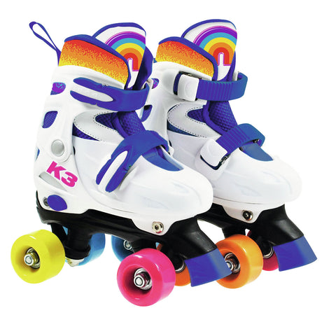 K3 - patins à roulettes - taille 30 33 - réglable en 4 tailles - avec butée - blanc - arc-en-ciel - avec roues en 4 couleurs