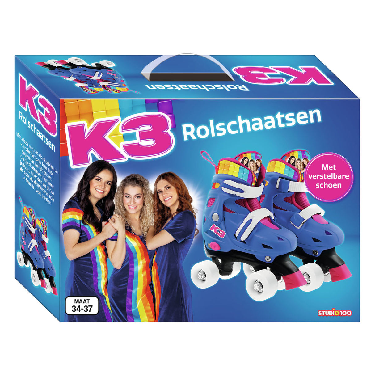 K3 - patins à roulettes - taille 34 37 - réglable en 4 tailles - avec butée - blanc - arc-en-ciel - avec roues en 4 couleurs
