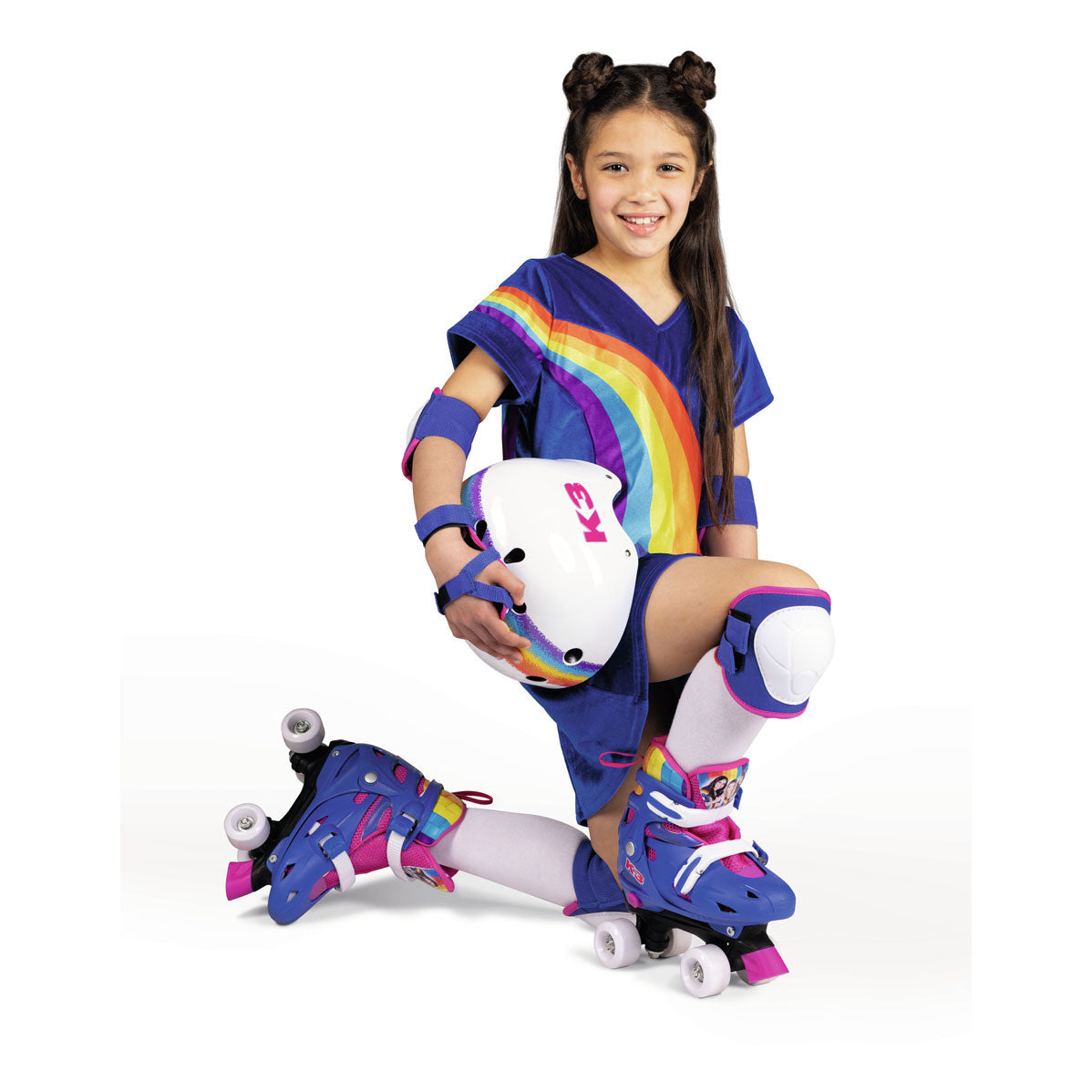 K3 - patins à roulettes - taille 34 37 - réglable en 4 tailles - avec butée - blanc - arc-en-ciel - avec roues en 4 couleurs