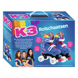 K3 - patins à roulettes - taille 34 37 - réglable en 4 tailles - avec butée - blanc - arc-en-ciel - avec roues en 4 couleurs