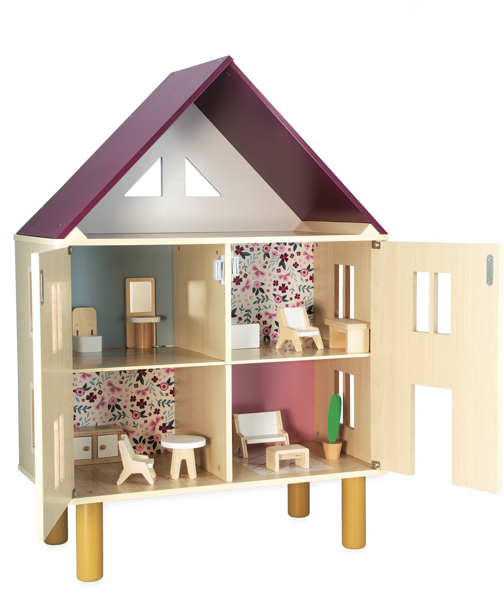 Janod twist - maison de poupée - maison de poupée en bois à trois étages - fournie avec 11 meubles pour meubler la maison - dès 3 ans