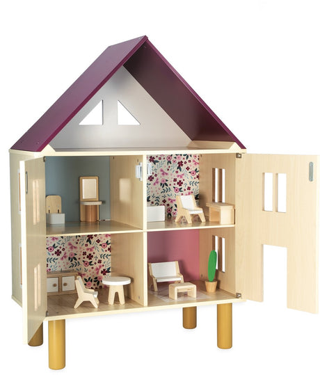 Janod twist - maison de poupée - maison de poupée en bois à trois étages - fournie avec 11 meubles pour meubler la maison - dès 3 ans