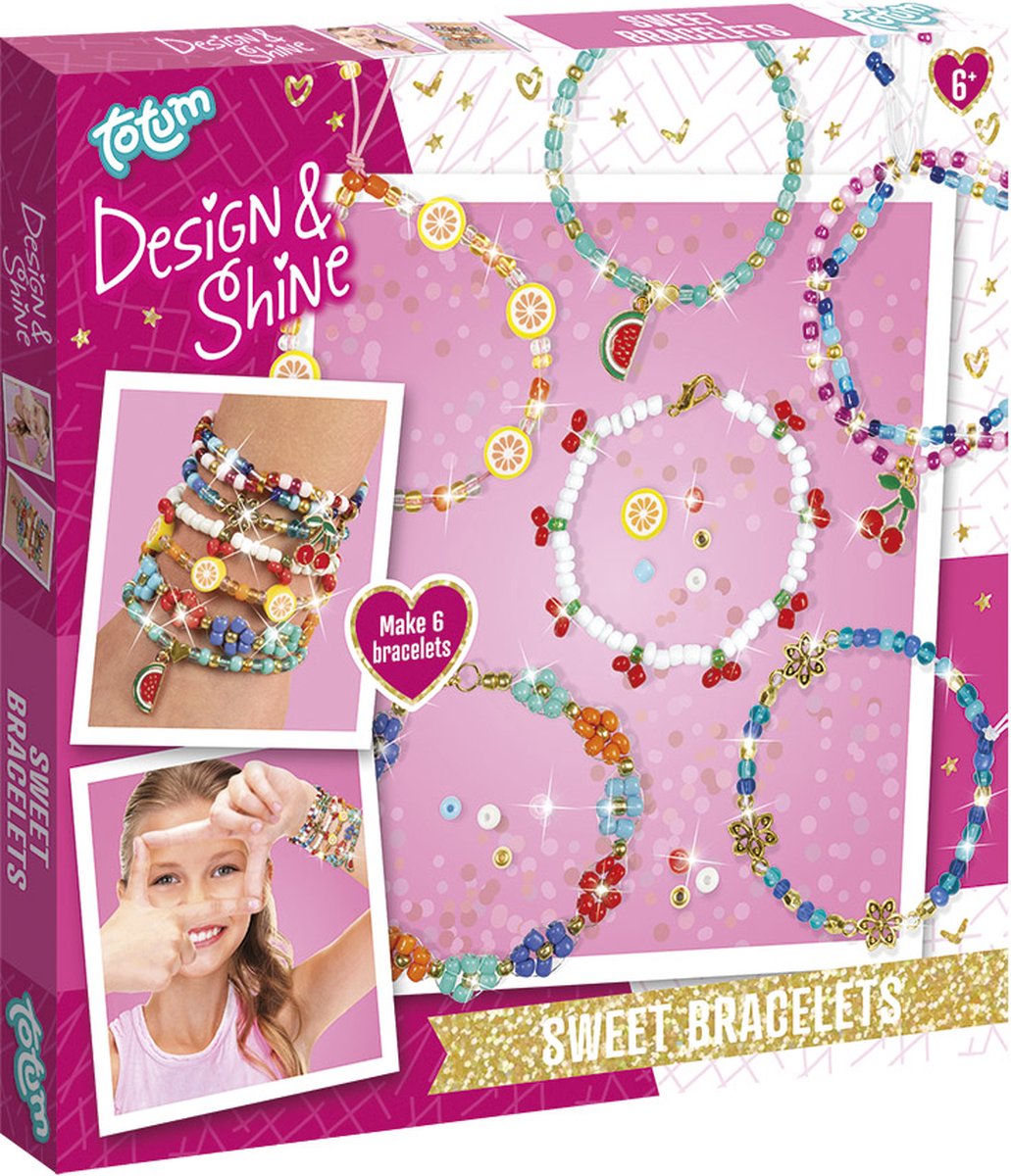 Totum design Shine 6 perles pour réaliser des bracelets avec breloques fruits, cœurs et fleurs - bracelets doux coffret bijoux astuce cadeau jouets créatifs à partir de 6 ans