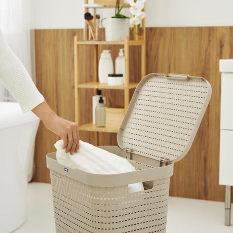 Rotho country - panier à linge avec couvercle - 55 l en plastique - cappuccino