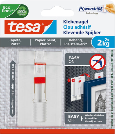 Clou réglable Tesa pour enduit à papier peint 2 kg - 2 pièces - clou mural - amovible