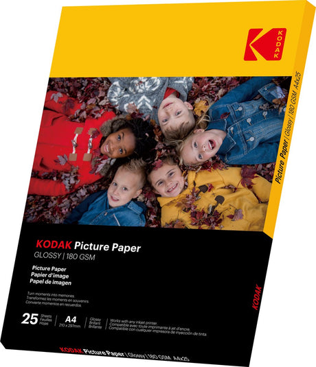 Papier photo Kodak - paquet de 25 papiers qualité photo - format 21 x 29,7 cm (a4) - finition brillante - 180 g/m² - compatible toutes imprimantes jet d'encre