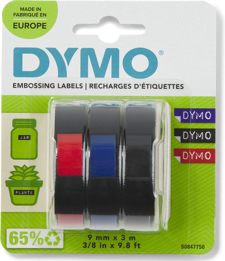 Ruban gaufré original Dymo | 9 mm x 3 m | blanc sur bleu, blanc sur rouge, blanc sur noir | autocollant | pour les fabricants d'étiquettes en ruban gaufré | 3 pièces | fabriqué en europe