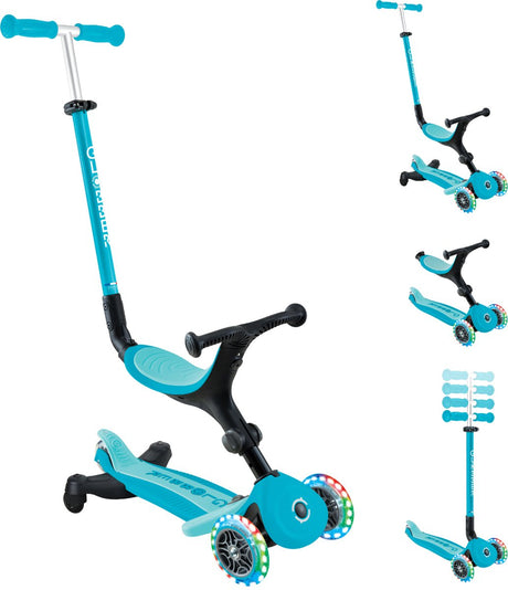 Trottinette d'éveil Globber - go up active lights aqua 360 - bleu - roues lumineuses - avec barre de poussée - réglable en hauteur - de 15 mois à 9 ans