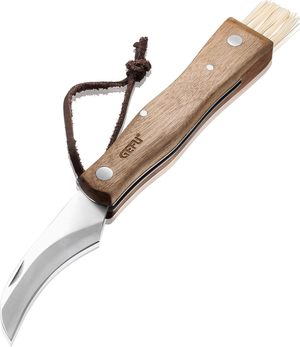Couteau à champignons Gefu Silva – pliable – avec brosse de nettoyage – manche en noyer
