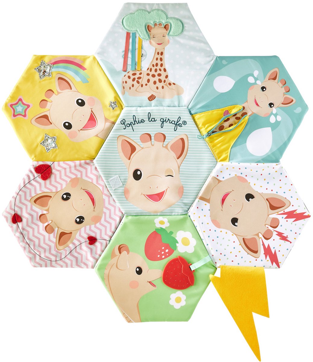 Sophie la girafe livre découverte et tapis de jeu 2 en 1 – livre sensoriel bébé avec textures, fermeture éclair, miroir, papier froissé face contrastée noir et blanc – stimule la vue, le toucher, l'ouïe – 60x60 cm – à partir de 0 mois