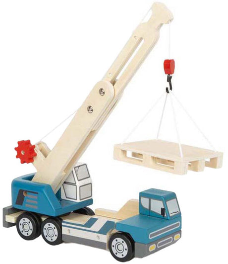Small foot - camion grue en bois bleu avec palette