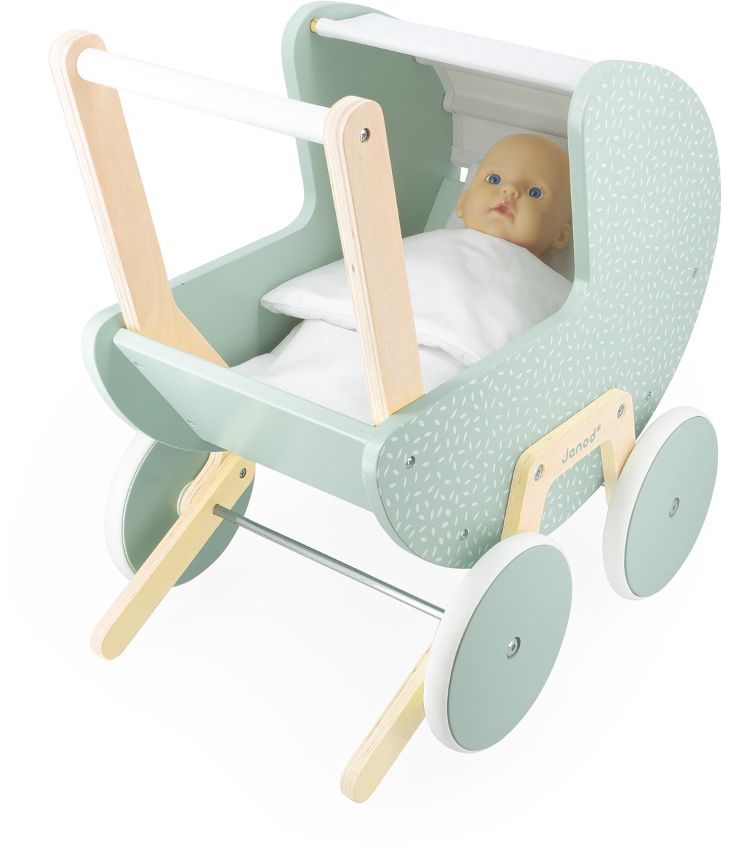 Janod - zen - landau pour poupée - landau pour poupée en bois pour poupées jusqu'à 42 cm