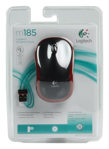 Logitech Logitech M185 Wireless Mouse Optical Red [RF 2,4 GHz, 1000 dpi, 3-Button, AA, 10M]