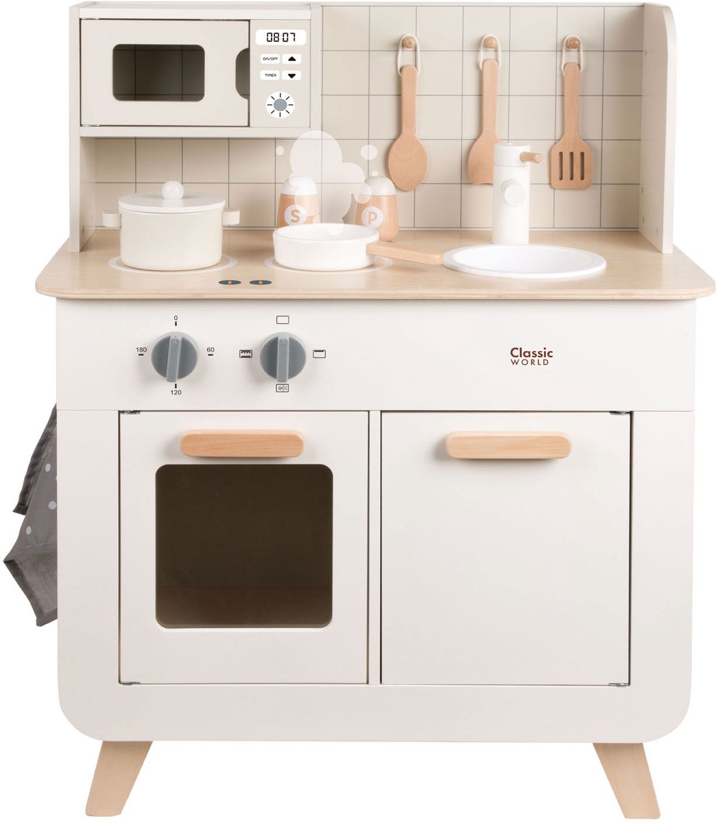 Chef de cuisine de jeu en bois du monde classique, 11 pièces, cuisine jouet blanche.