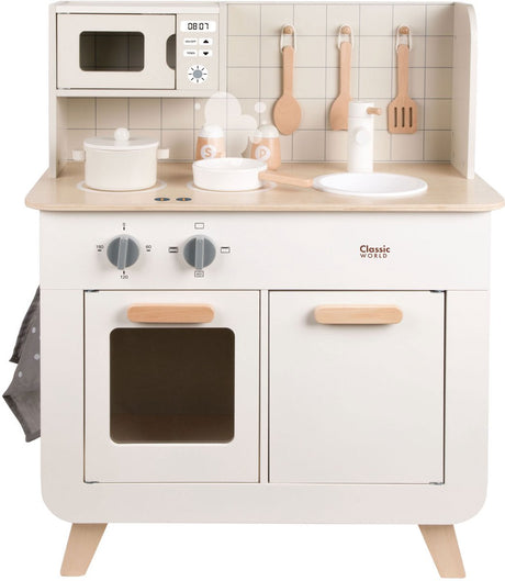 Chef de cuisine de jeu en bois du monde classique, 11 pièces, cuisine jouet blanche.
