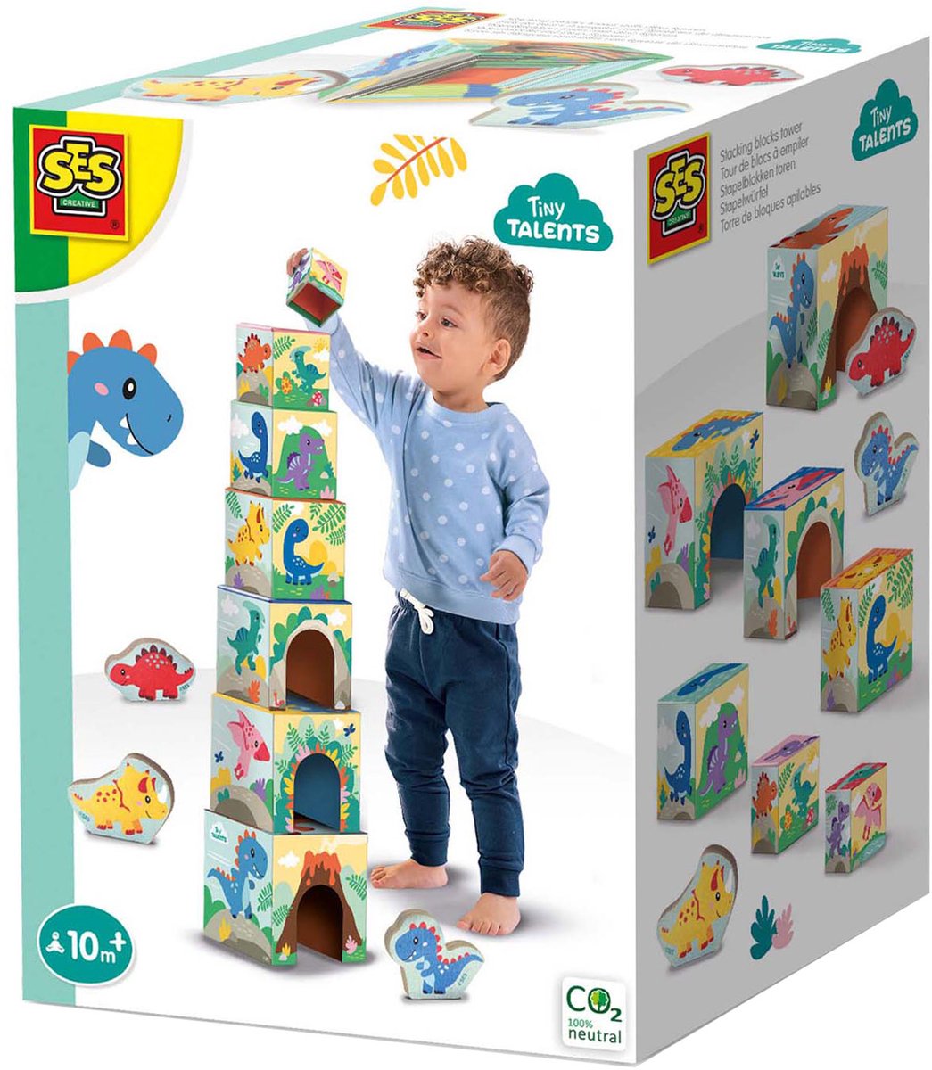 Tour à six blocs empilables avec figurines de dinosaures