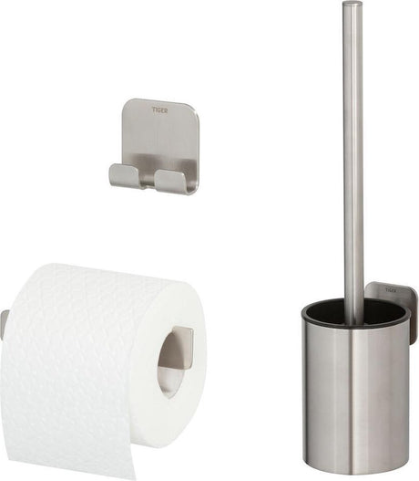Ensemble d'accessoires de toilette col tigre - brosse de toilette avec support - porte-rouleau de papier toilette - crochet - acier inoxydable brossé