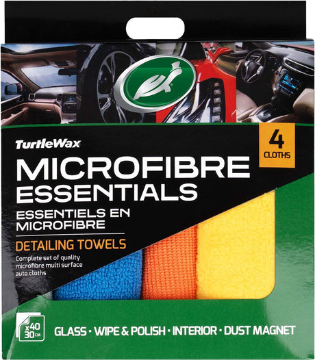 Kit essentiel en microfibre Turtle Wax - 4 chiffons en microfibre différents - chaque chiffon a une tâche de détail spécifique - nettoyage du verre, polissage, nettoyage intérieur - 40x30cm
