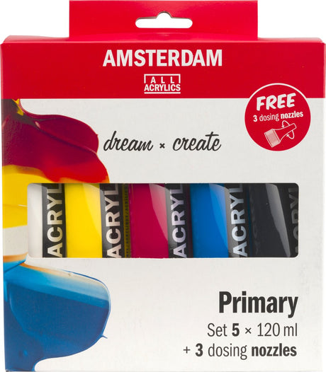 Ensemble primaire de peinture acrylique Bruynzeel Amsterdam série standard 120 ml, 5 pcs. + 3 becs doseurs