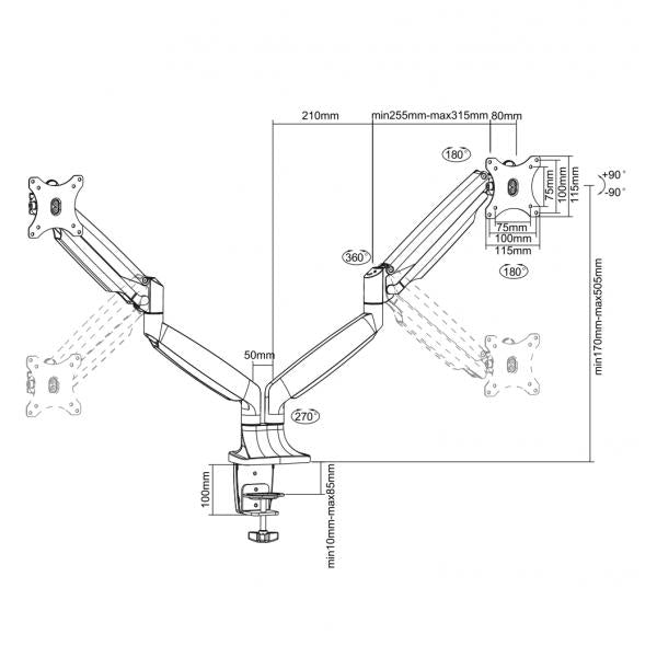 Neomounts nm-d750dwhite moniteur tv mouvement complet double bureau support à ressort à gaz, 2x