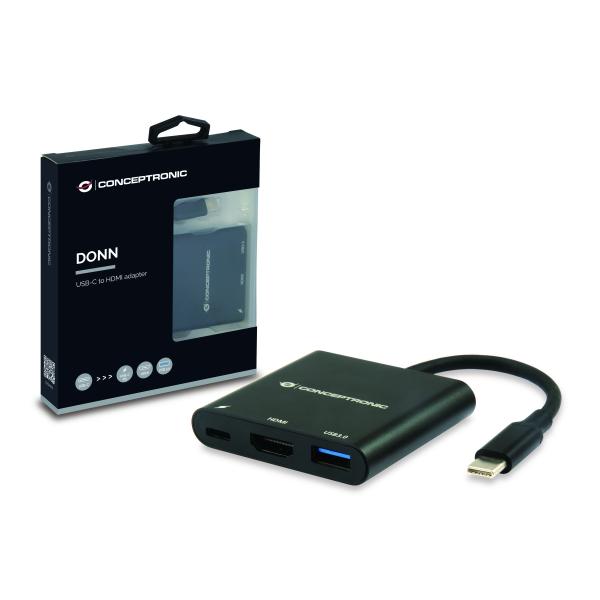 Conceptronic Donn01B Donn USB-C Adapter HDMI, USB 3.2 Gen 1 (3.1 Gen 1) Type-A C, HDMI, Black