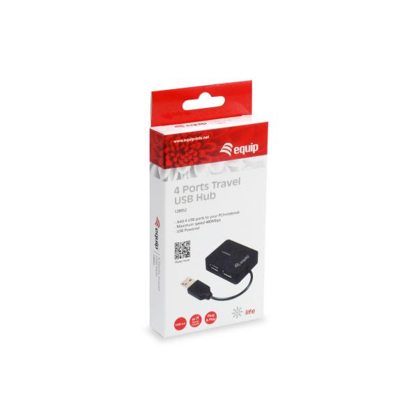 Equip 128952, hub USB de voyage 4 ports, USB 2.0, 480 Mbits, plastique, noir