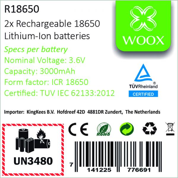 Woox r18650 est un lot de 2 accus lithium-ion rechargeables type 18650
