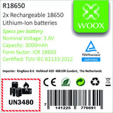 Woox r18650 est un lot de 2 accus lithium-ion rechargeables type 18650