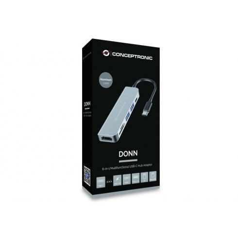 Adaptateur hub USB multifonction Conceptronic donn02g 6-en-1, USB 3.2 gen 1 type-c, HDMI, 5 Gbps, aluminium