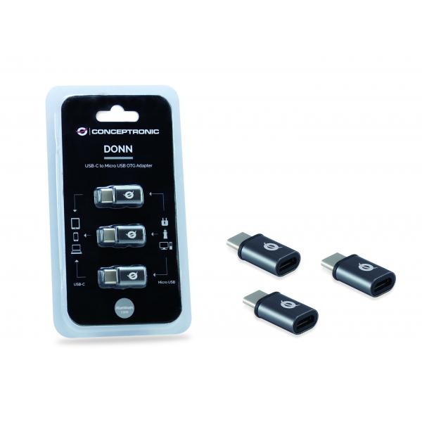 Conceptronic donn05g adaptateur usb-c vers micro usb otg paquet de 3, micro usb 2.0 type-c, mâle femelle, bl