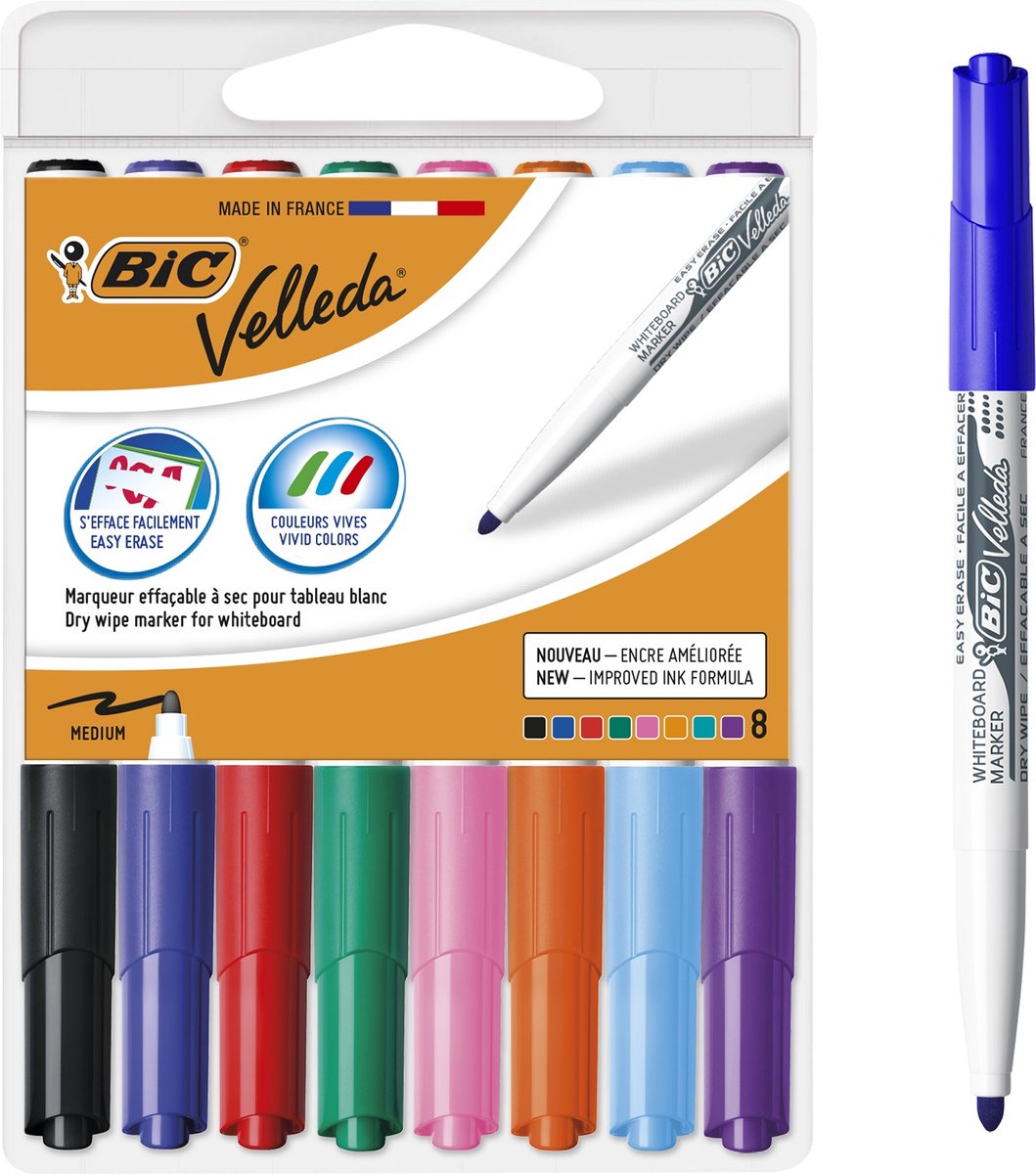 Marqueurs pour tableau blanc Bic velleda avec étui - différentes couleurs - 8 pièces