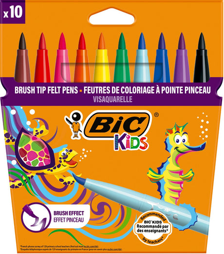 Bic kids visaquarelle - feutres - marqueurs pour enfants - marqueurs de couleur à pointe pinceau flexible - 10 pièces