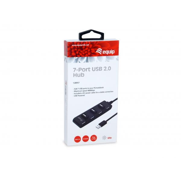 Equip 128957 Hub USB 2.0 à 7 ports, USB 2.0, USB 2.0, 480 Mbits, noir