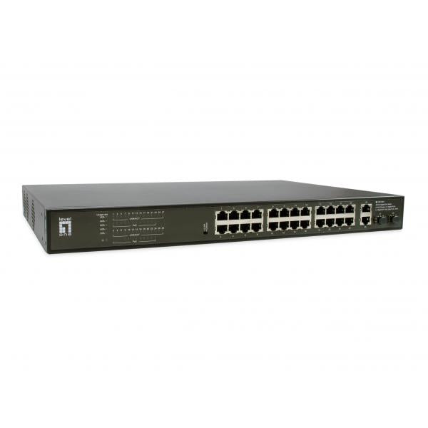 Levelone levelone gep-2821 28-port gigabit poe switch, 24x poe outputs, 2x gigabit rj45, 2x gigabit sfp, 1u