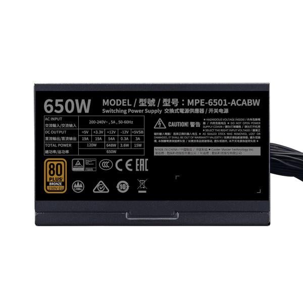 Cooler master mpe-6501-acabw-beu mwe 650 bronze v2, atx, 650 w, dc-to-dc + llc, 88%, 120mm, noir