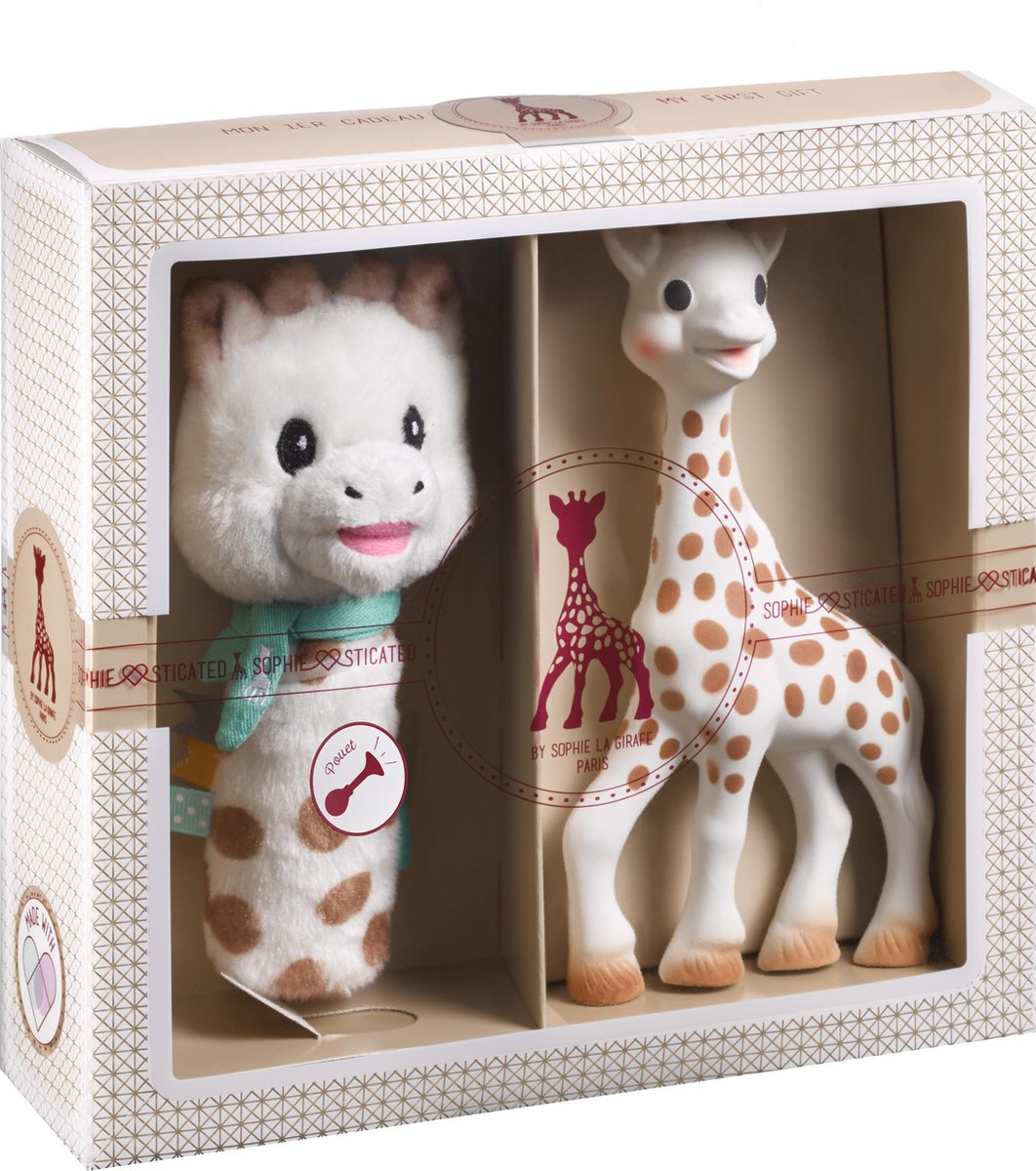 Coffret cadeau sophistiqué Sophie la girafe - jouets pour bébé - hochet à presser - cadeau de maternité - cadeau baby shower - 4 pièces