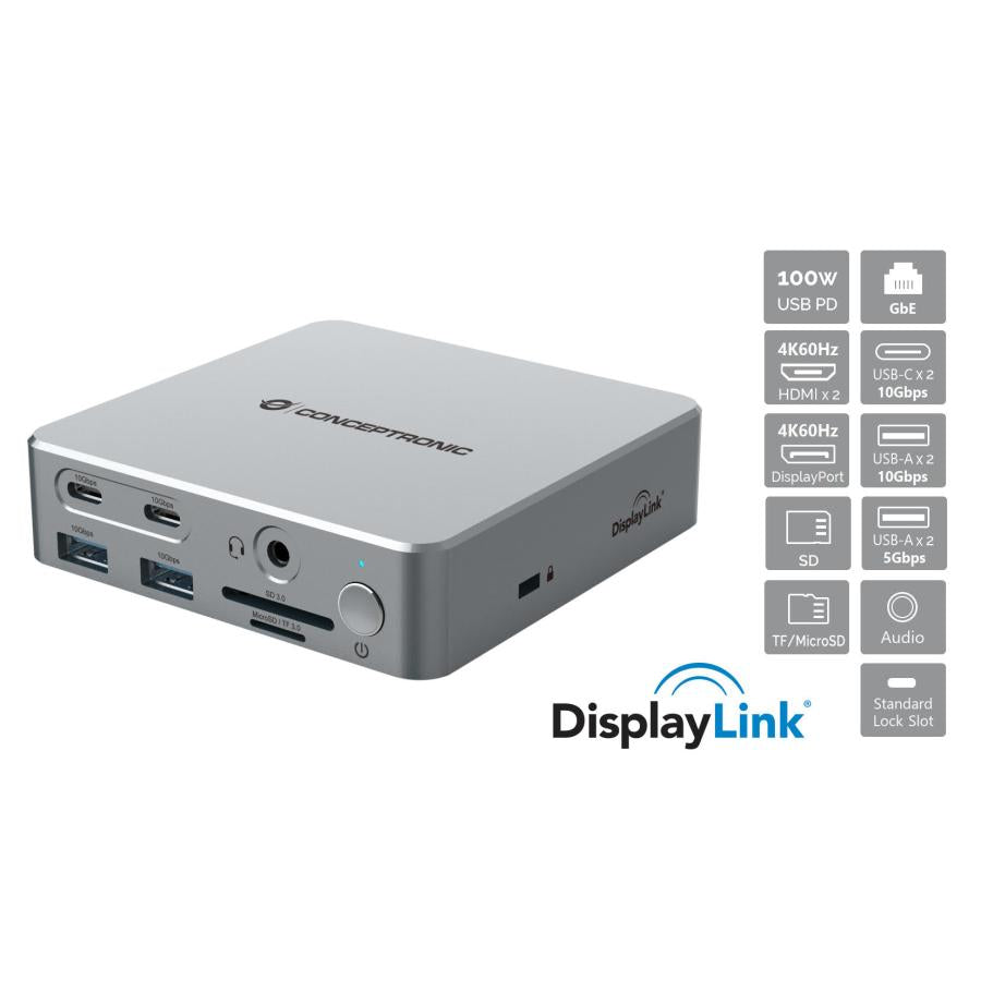 Station d'accueil Conceptronic donn25g 15-en-1 Display Link USB 3.2 gen 2, type-c 10 Gbit/s, USB-A x2