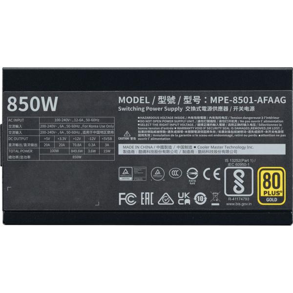 Cooler master mpe-8501-afaag-3eeu mwe gold 850 v2 atx3.1 noir, 850w, 90% @typ, 120mm, 4x pcie 6+2