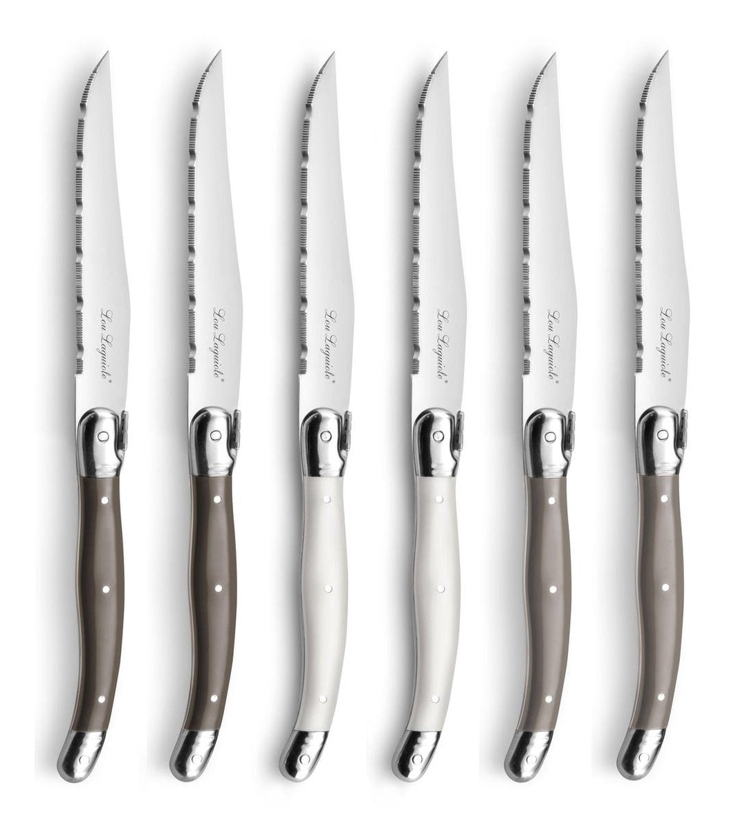 Lou laguiole - 6 couteaux à steak mixte nacre marron et taupe - bloc en bois inclus - passe au lave-vaisselle