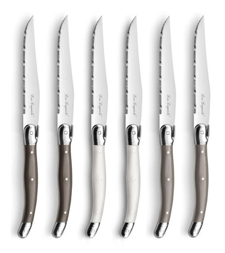 Lou laguiole - 6 couteaux à steak mixte nacre marron et taupe - bloc en bois inclus - passe au lave-vaisselle