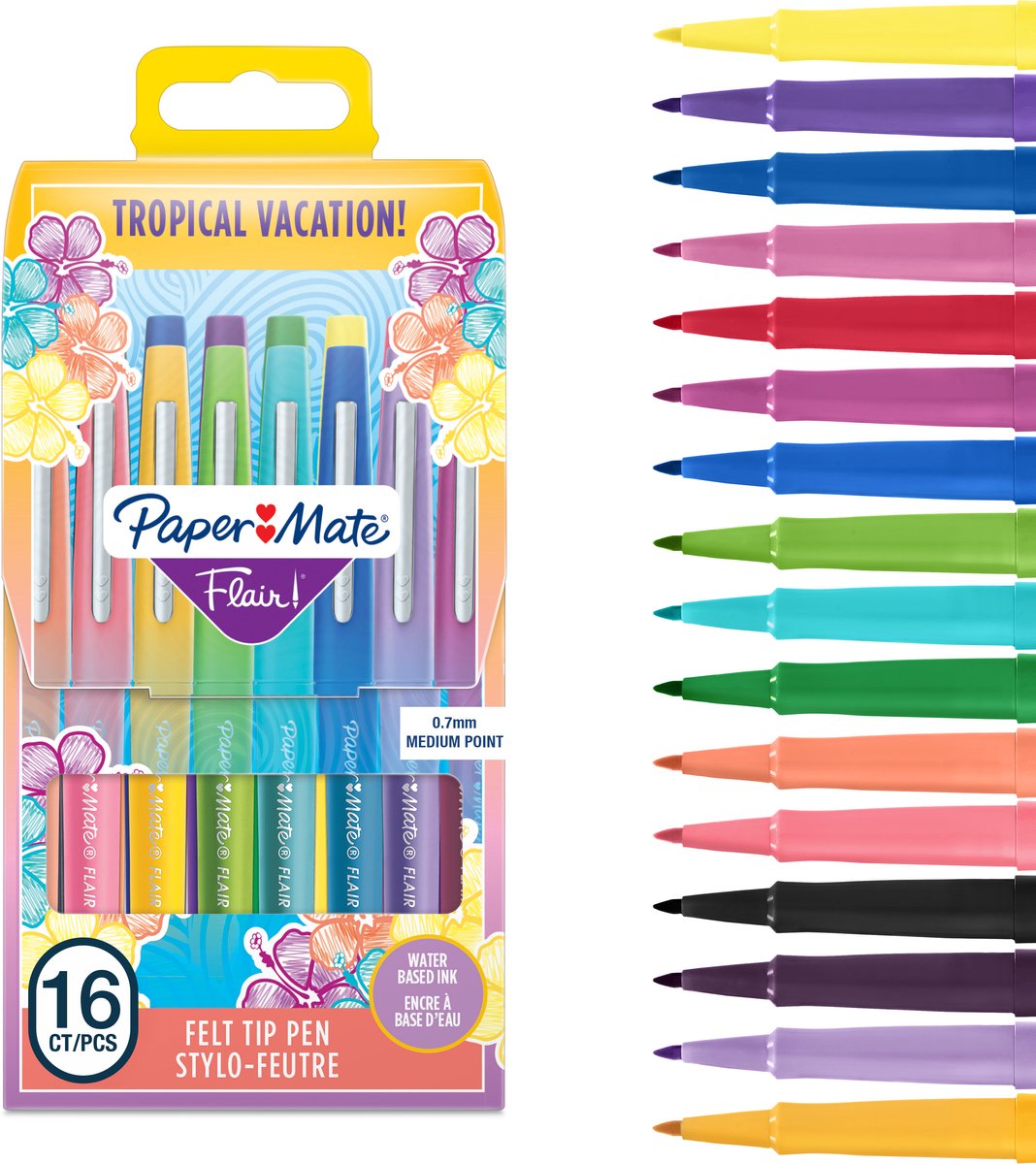 Feutres Paper Mate Flair | pointe moyenne (0,7 mm) | diverses couleurs de vacances tropicales | caisse de 16 pièces