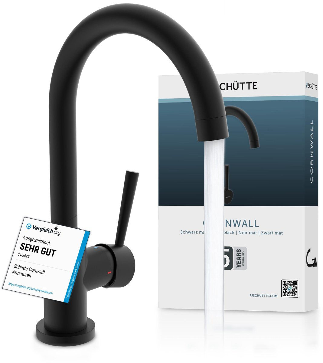 Robinet de cuisine design Schütte Cornwall - mitigeur - bec rond haut pivotant - poignée latérale - noir