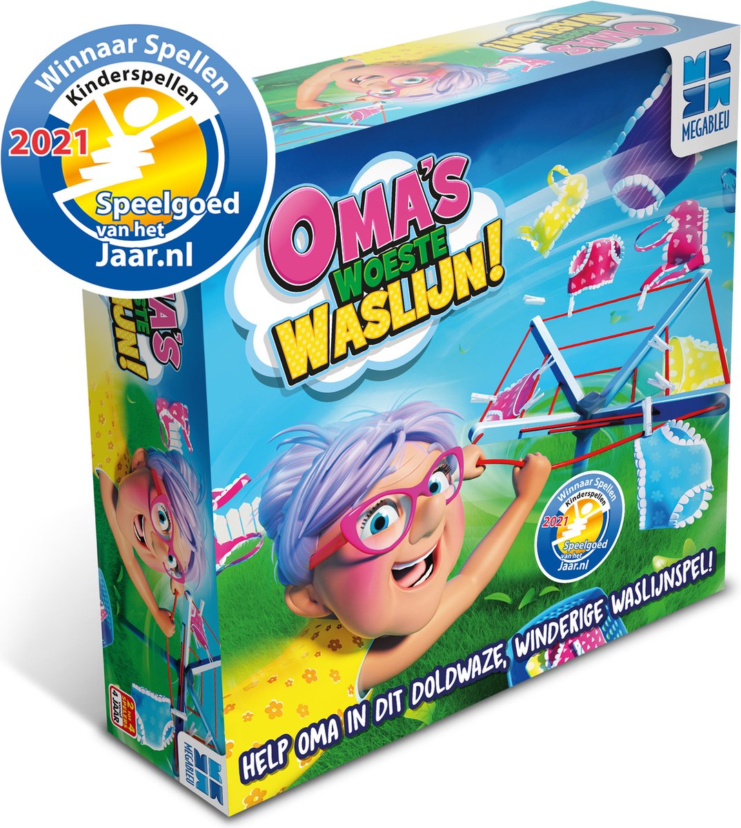 Corde à linge sauvage de grand-mère Megableu - jeu d'action amusant pour les enfants - à partir de 4 ans - 2-4 joueurs - jeu d'enfant avec corde à linge rotative